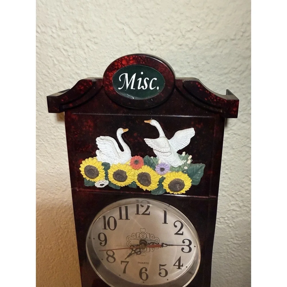 VTG Wall‎ Clock Mail Organizer Swans Sunflower Bills Letters Holder Cottagecore